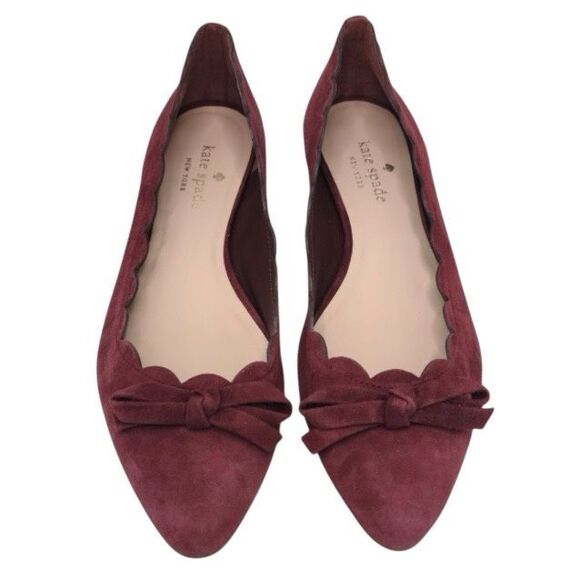 NWT Kate Spade Eleni Flex Burgundy Scalloped Suede Bow Flat Shoes Size 6.5 M - Picture 2 of 9